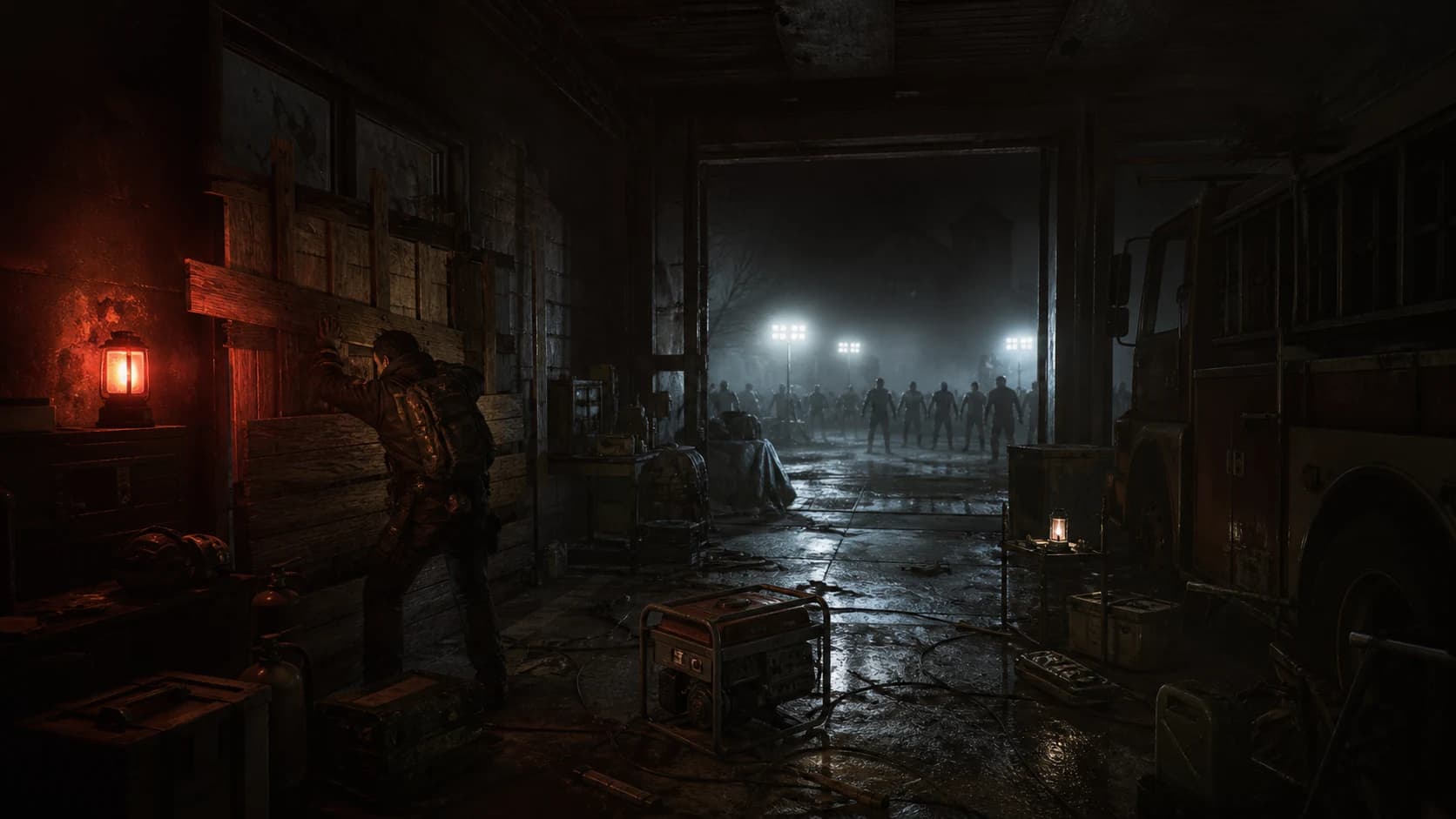 Responders defending an emergency station during a nighttime infected assault